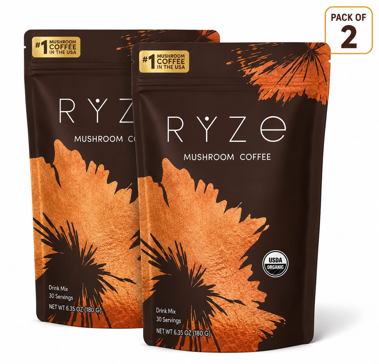 RYZE Organic Mushroom Coffee Drink Mix – 2-Pack Bundle (Save & Stock Up)
