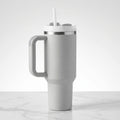 Insulated Stainless Steel Travel Tumbler with Comfort Handle & Straw Lid – Matte Light Gray