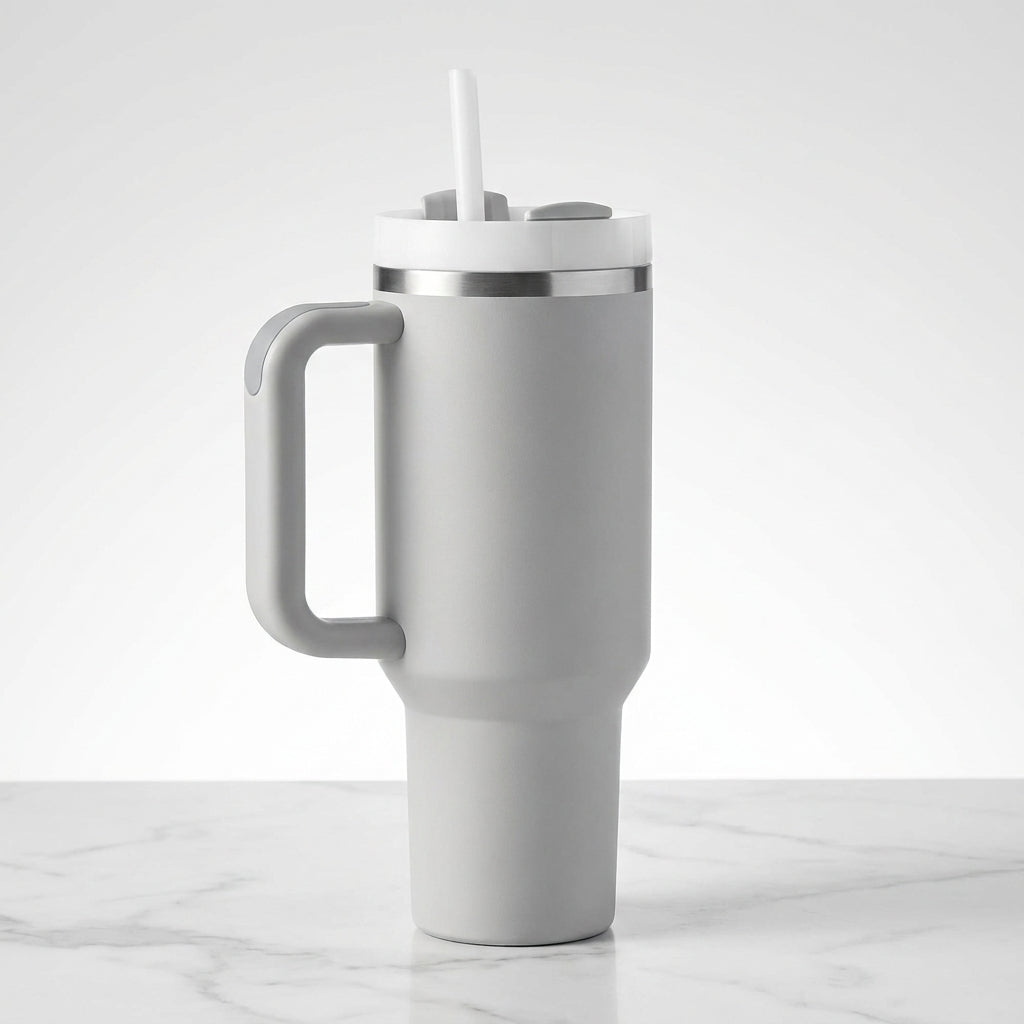 Insulated Stainless Steel Travel Tumbler with Comfort Handle & Straw Lid – Matte Light Gray