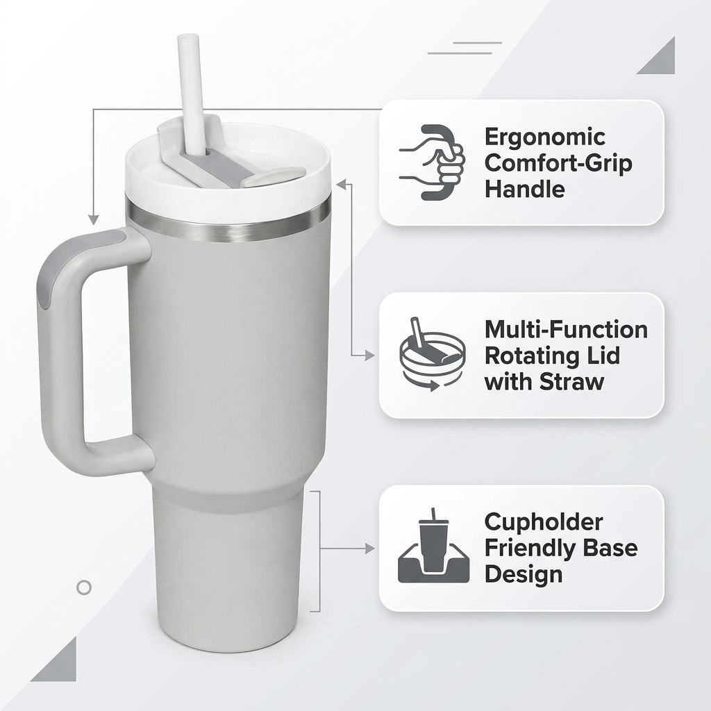 Insulated Stainless Steel Travel Tumbler with Comfort Handle & Straw Lid – Matte Light Gray