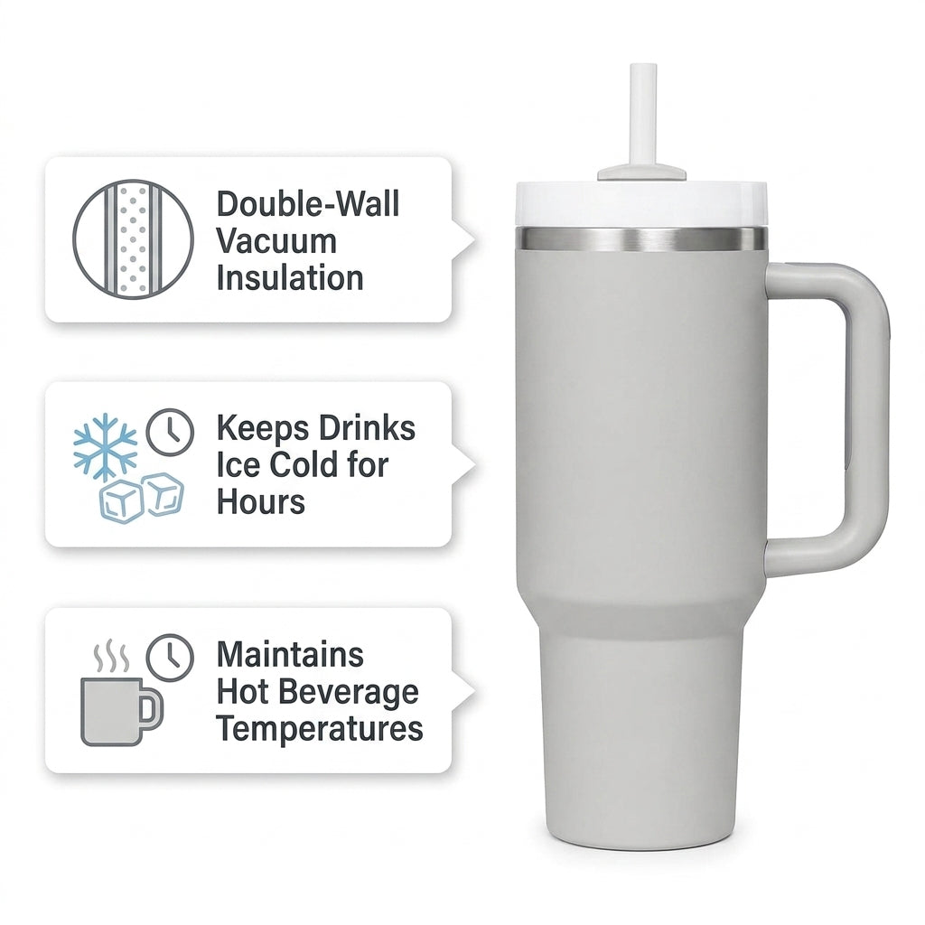 Insulated Stainless Steel Travel Tumbler with Comfort Handle & Straw Lid – Matte Light Gray
