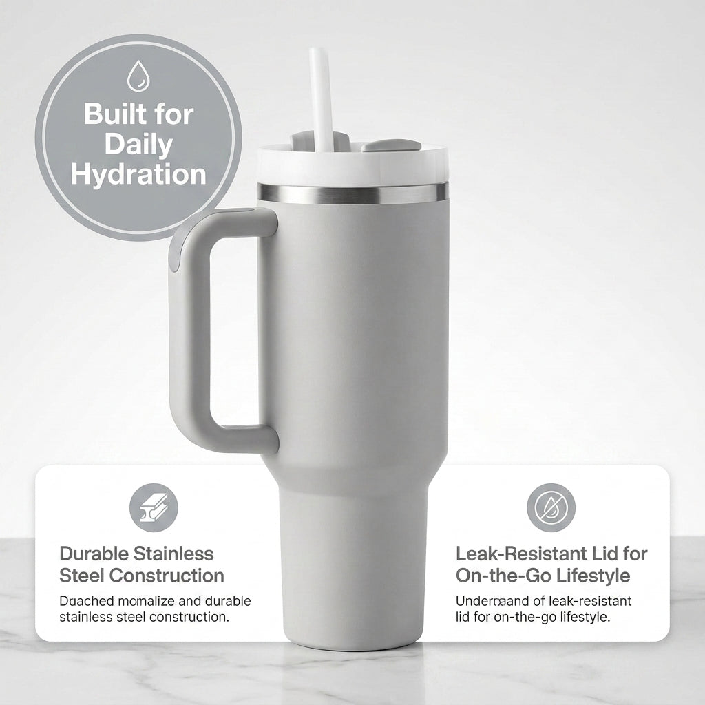 Insulated Stainless Steel Travel Tumbler with Comfort Handle & Straw Lid – Matte Light Gray