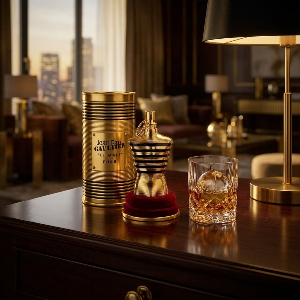 Jean Paul Gaultier "Le Male" Elixir – Intense Amber Aromatic Collector's Fragrance & Velvet Stand Set