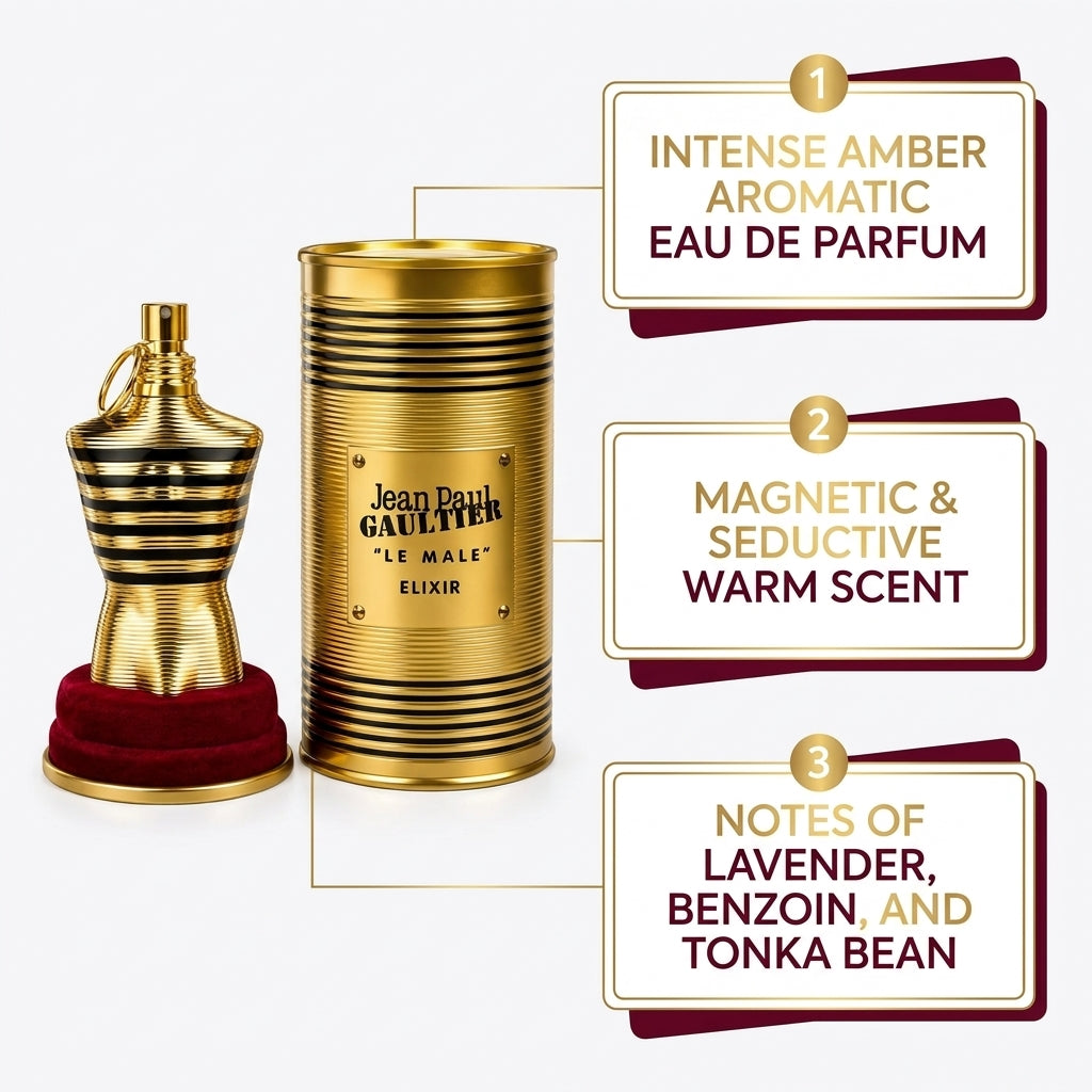 Jean Paul Gaultier "Le Male" Elixir – Intense Amber Aromatic Collector's Fragrance & Velvet Stand Set