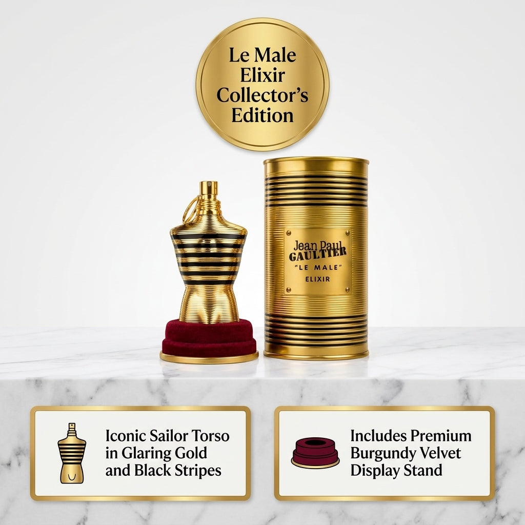 Jean Paul Gaultier "Le Male" Elixir – Intense Amber Aromatic Collector's Fragrance & Velvet Stand Set