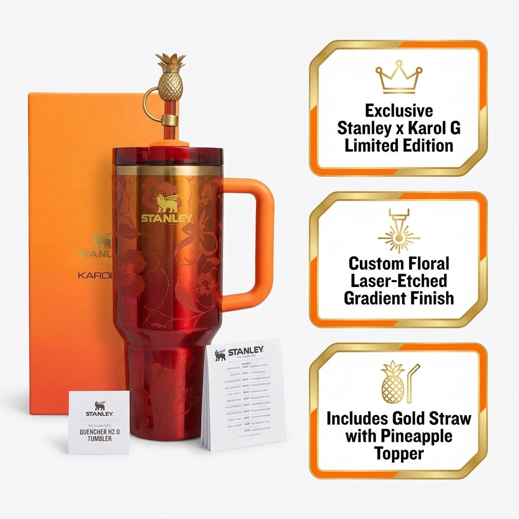Stanley x Karol G Quencher H2.0 FlowState™ Tumbler – Limited Edition Red/Orange Gradient & Gift Box Set