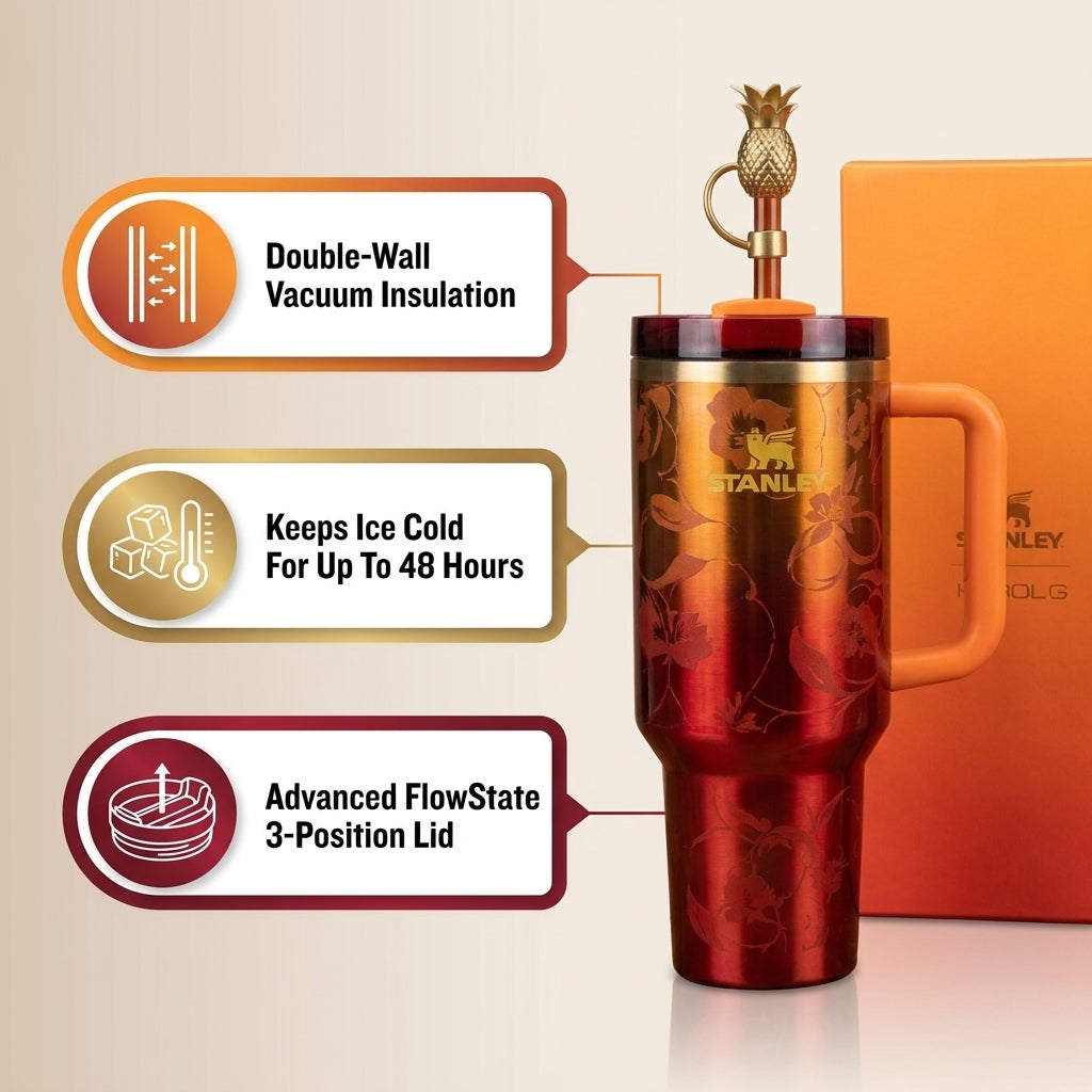 Stanley x Karol G Quencher H2.0 FlowState™ Tumbler – Limited Edition Red/Orange Gradient & Gift Box Set